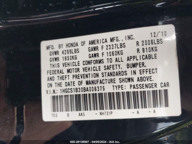 Photo 8 VIN: 1HGCS1B30BA008375 - HONDA ACCORD 