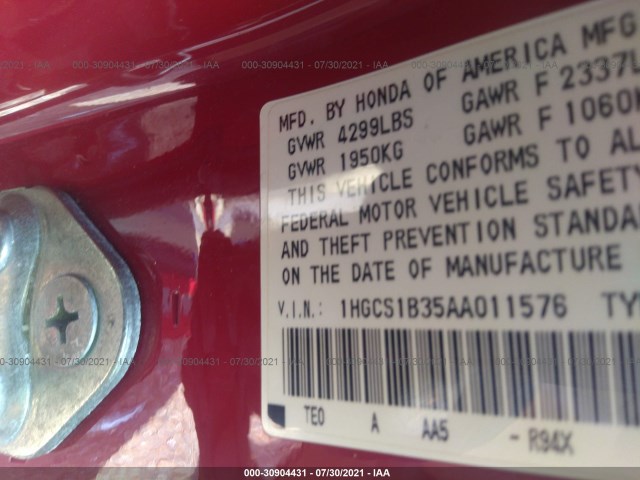 Photo 8 VIN: 1HGCS1B35AA011576 - HONDA ACCORD CPE 