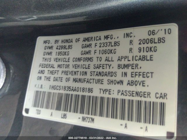 Photo 8 VIN: 1HGCS1B35AA018186 - HONDA ACCORD CPE 