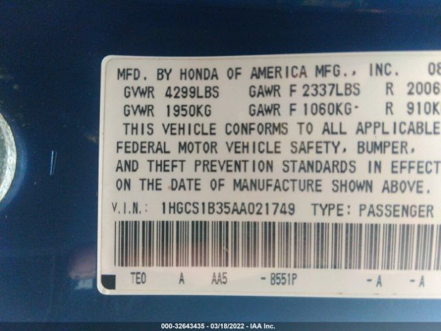 Photo 8 VIN: 1HGCS1B35AA021749 - HONDA ACCORD CPE 