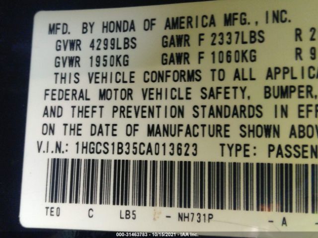 Photo 8 VIN: 1HGCS1B35CA013623 - HONDA ACCORD CPE 