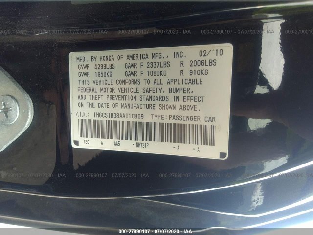 Photo 8 VIN: 1HGCS1B38AA010809 - HONDA ACCORD CPE 