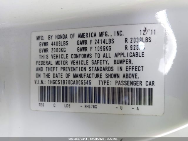 Photo 8 VIN: 1HGCS1B70CA005545 - HONDA ACCORD CPE 