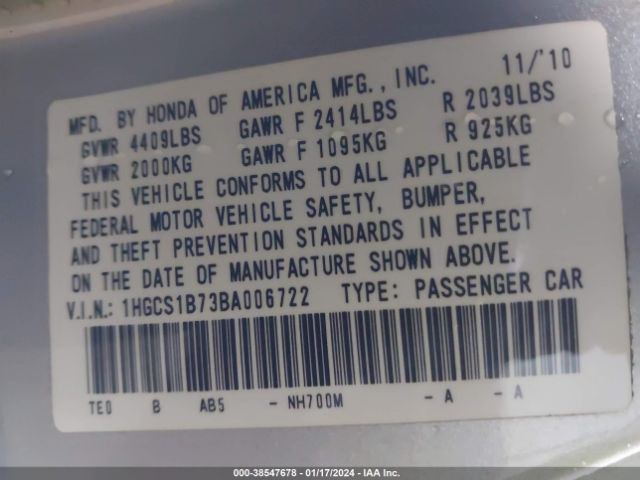 Photo 8 VIN: 1HGCS1B73BA006722 - HONDA ACCORD 