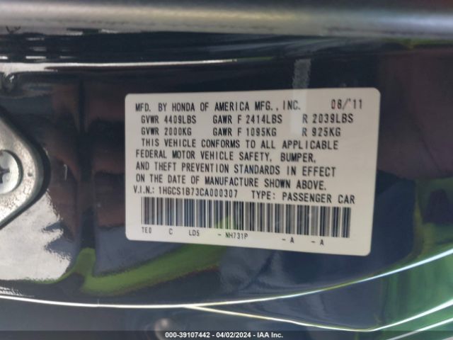 Photo 8 VIN: 1HGCS1B73CA000307 - HONDA ACCORD 