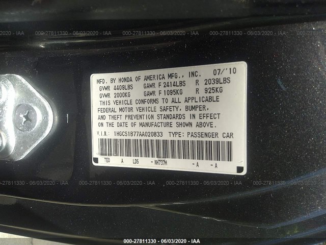 Photo 8 VIN: 1HGCS1B77AA020833 - HONDA ACCORD CPE 