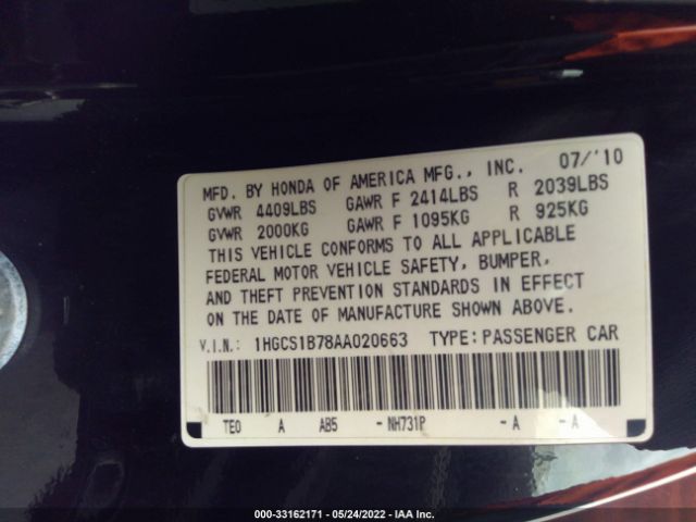 Photo 8 VIN: 1HGCS1B78AA020663 - HONDA ACCORD CPE 