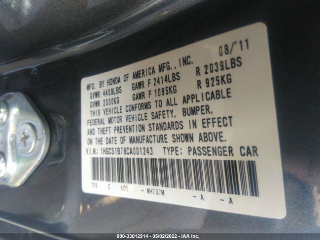 Photo 8 VIN: 1HGCS1B78CA001243 - HONDA ACCORD CPE 