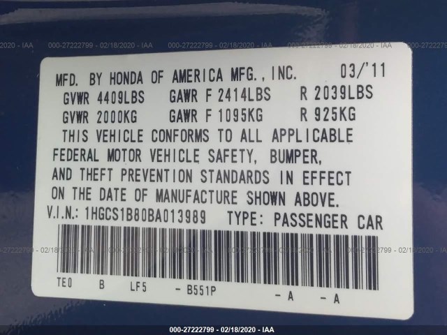 Photo 8 VIN: 1HGCS1B80BA013989 - HONDA ACCORD CPE 