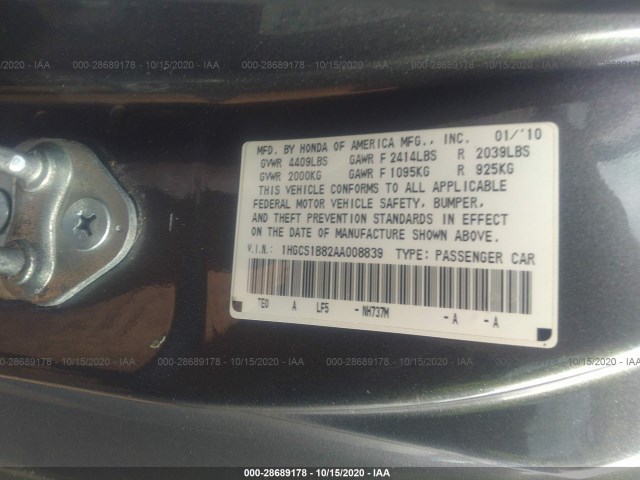 Photo 8 VIN: 1HGCS1B82AA008839 - HONDA ACCORD CPE 