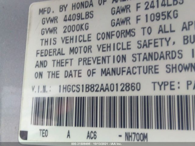 Photo 8 VIN: 1HGCS1B82AA012860 - HONDA ACCORD CPE 