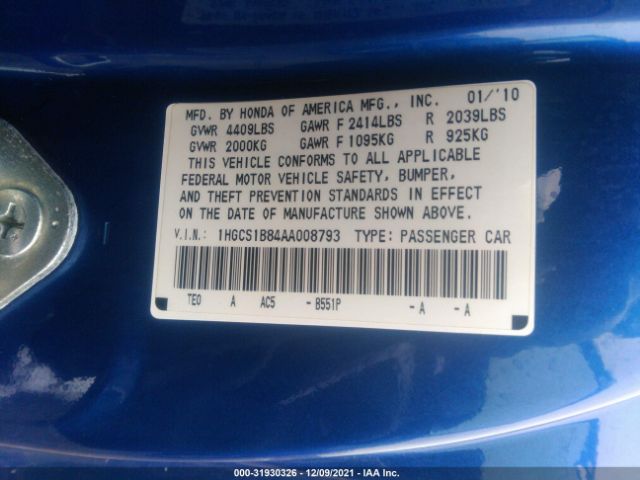 Photo 8 VIN: 1HGCS1B84AA008793 - HONDA ACCORD CPE 