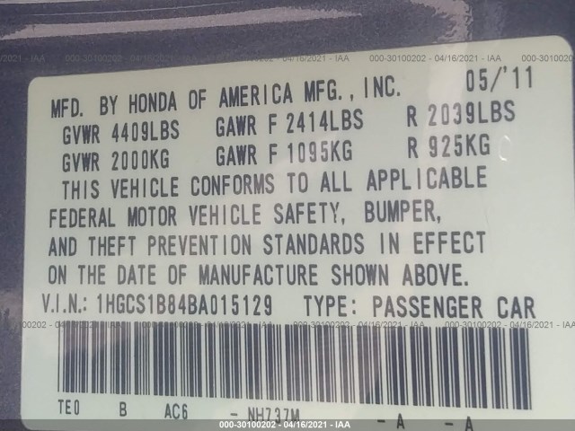 Photo 8 VIN: 1HGCS1B84BA015129 - HONDA ACCORD CPE 