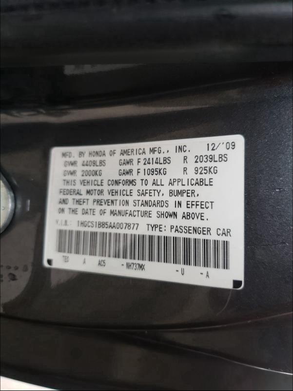 Photo 9 VIN: 1HGCS1B85AA007877 - HONDA ACCORD EXL 