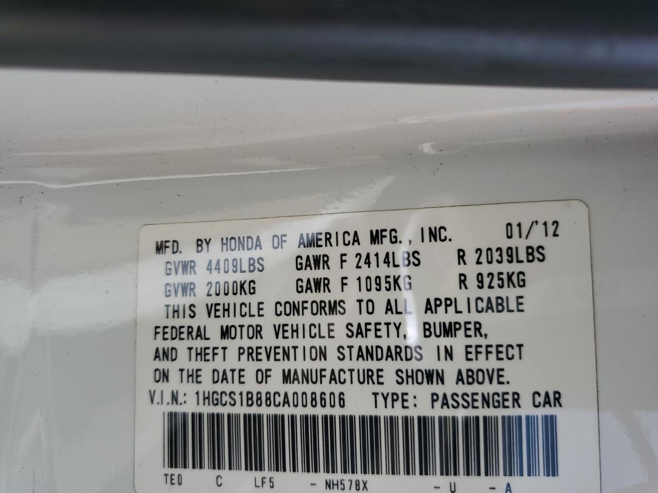 Photo 12 VIN: 1HGCS1B88CA008606 - HONDA ACCORD 