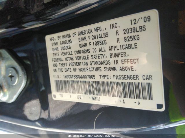 Photo 8 VIN: 1HGCS1B8XAA007065 - HONDA ACCORD CPE 