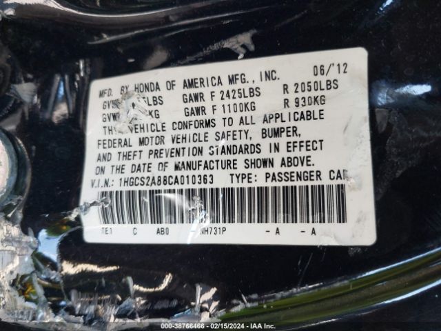 Photo 8 VIN: 1HGCS2A88CA010363 - HONDA ACCORD 