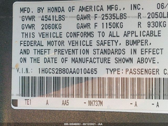 Photo 8 VIN: 1HGCS2B80AA010465 - HONDA ACCORD CPE 