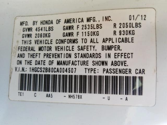 Photo 9 VIN: 1HGCS2B80CA004507 - HONDA ACCORD EXL 