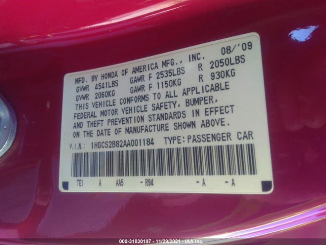 Photo 8 VIN: 1HGCS2B82AA001184 - HONDA ACCORD CPE 