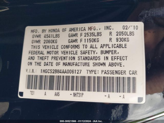 Photo 8 VIN: 1HGCS2B84AA006127 - HONDA ACCORD 