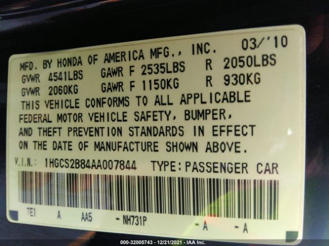 Photo 8 VIN: 1HGCS2B84AA007844 - HONDA ACCORD CPE 