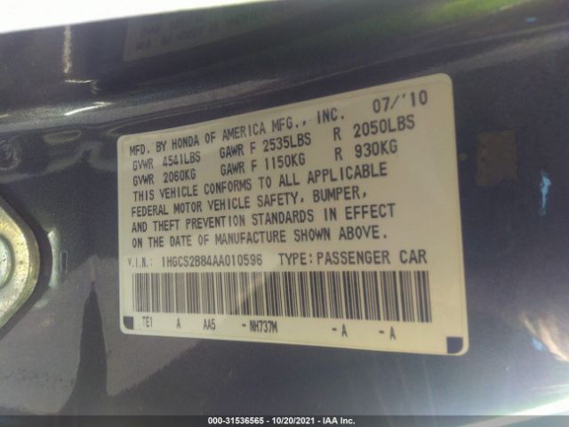 Photo 8 VIN: 1HGCS2B84AA010596 - HONDA ACCORD CPE 