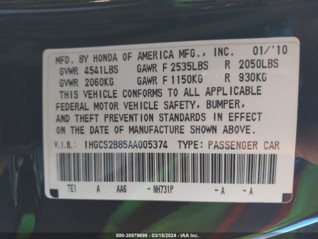 Photo 8 VIN: 1HGCS2B85AA005374 - HONDA ACCORD 