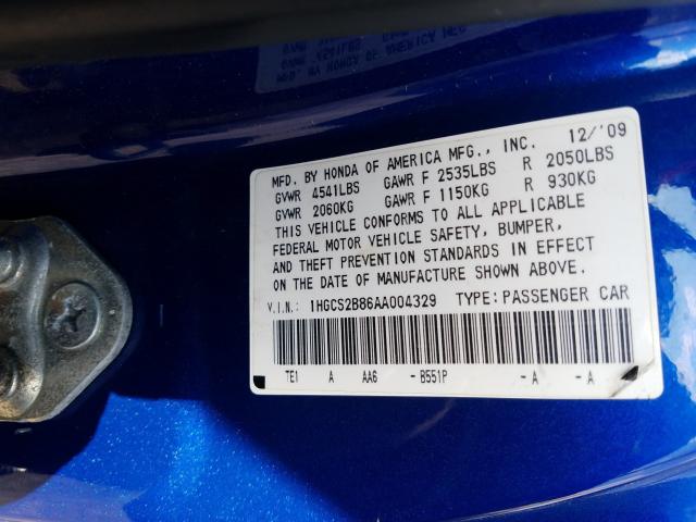 Photo 9 VIN: 1HGCS2B86AA004329 - HONDA ACCORD EXL 