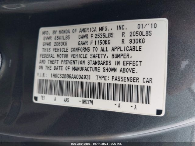 Photo 8 VIN: 1HGCS2B86AA004931 - HONDA ACCORD 