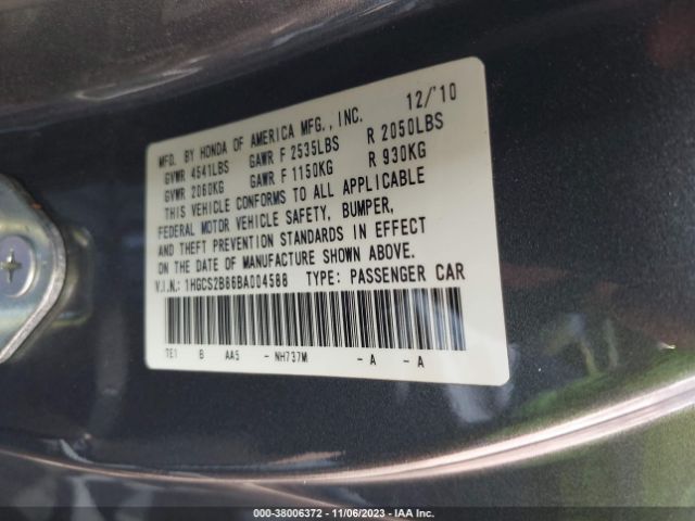 Photo 8 VIN: 1HGCS2B86BA004588 - HONDA ACCORD 