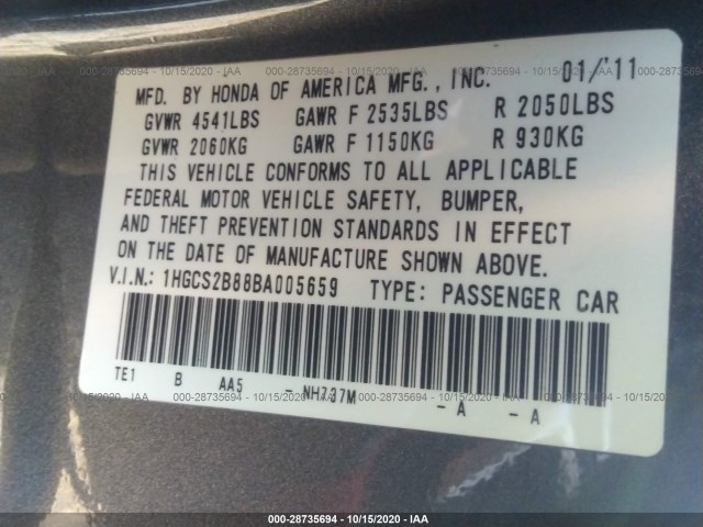 Photo 8 VIN: 1HGCS2B88BA005659 - HONDA ACCORD CPE 