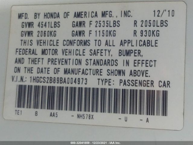 Photo 8 VIN: 1HGCS2B89BA004973 - HONDA ACCORD CPE 