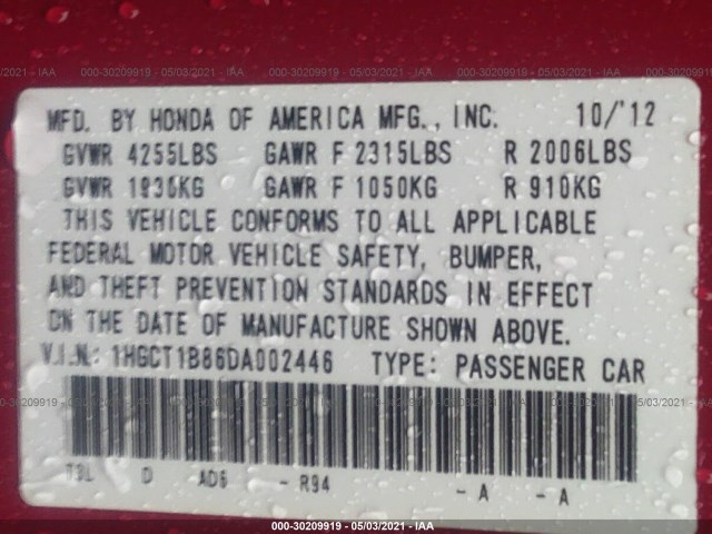 Photo 8 VIN: 1HGCT1B86DA002446 - HONDA ACCORD CPE 