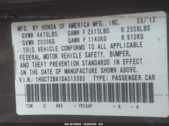 Photo 8 VIN: 1HGCT2B81DA010590 - HONDA ACCORD CPE 