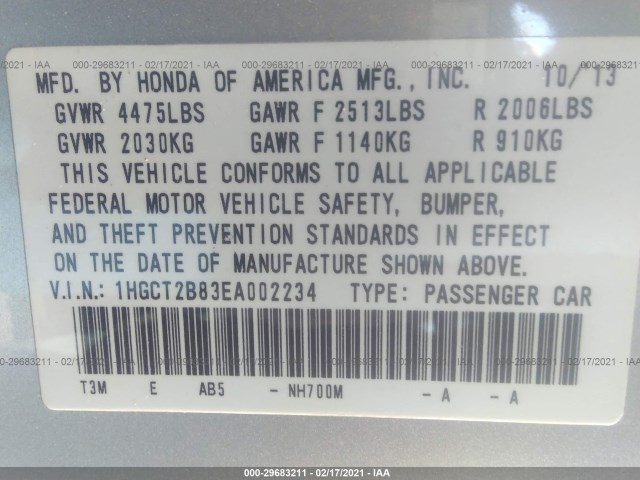 Photo 8 VIN: 1HGCT2B83EA002234 - HONDA ACCORD COUPE 