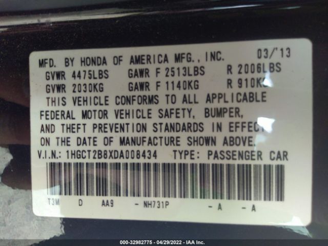 Photo 8 VIN: 1HGCT2B8XDA008434 - HONDA ACCORD CPE 