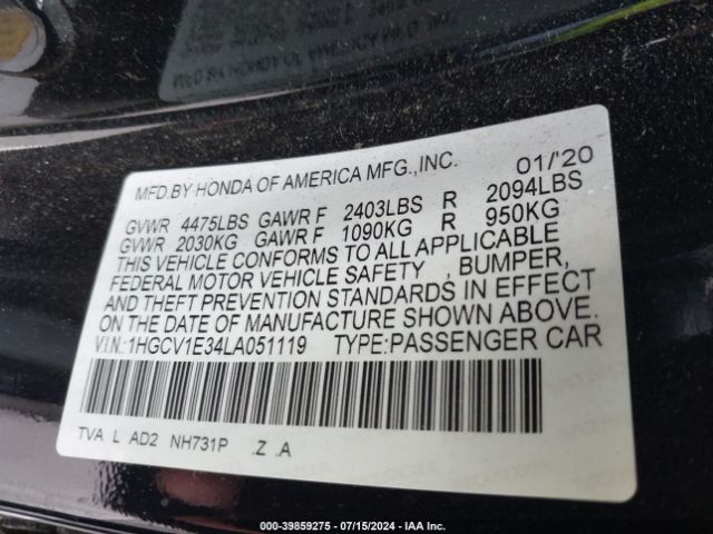 Photo 8 VIN: 1HGCV1E34LA051119 - HONDA ACCORD 