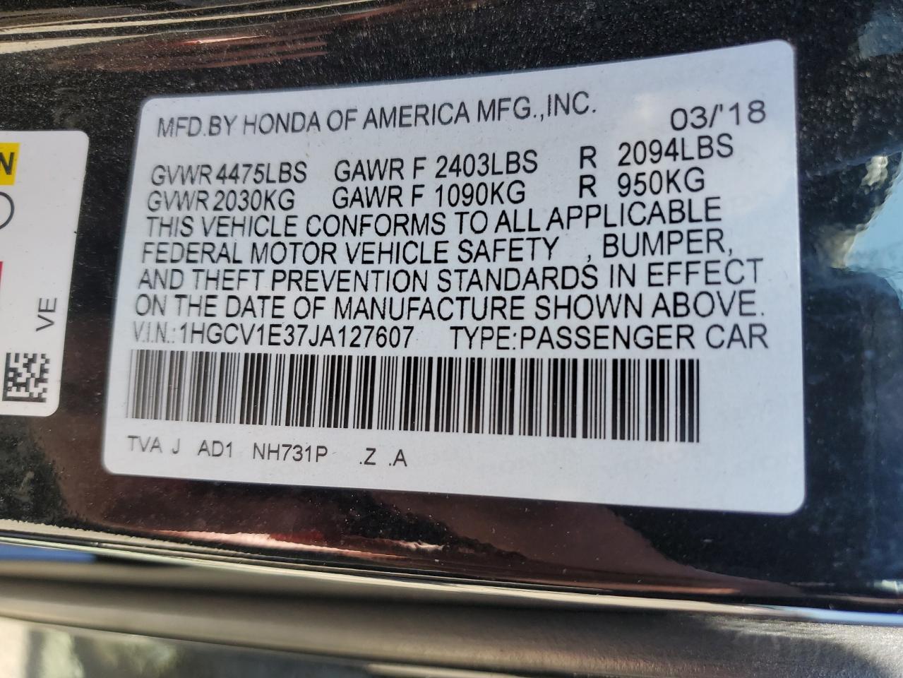 Photo 12 VIN: 1HGCV1E37JA127607 - HONDA ACCORD 