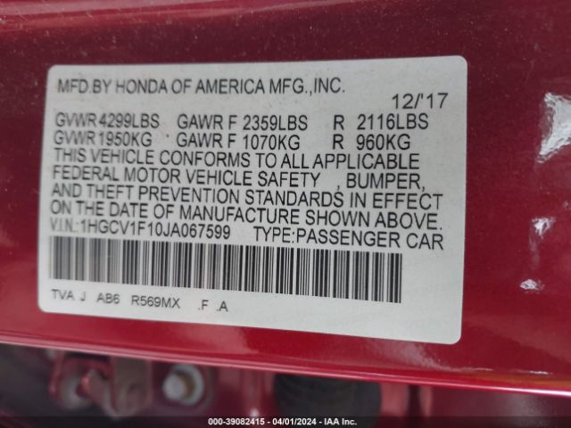 Photo 8 VIN: 1HGCV1F10JA067599 - HONDA ACCORD 