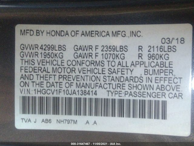 Photo 8 VIN: 1HGCV1F10JA138414 - HONDA ACCORD SEDAN 