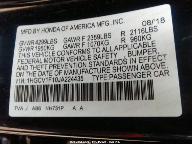 Photo 8 VIN: 1HGCV1F10JA224435 - HONDA ACCORD SEDAN 