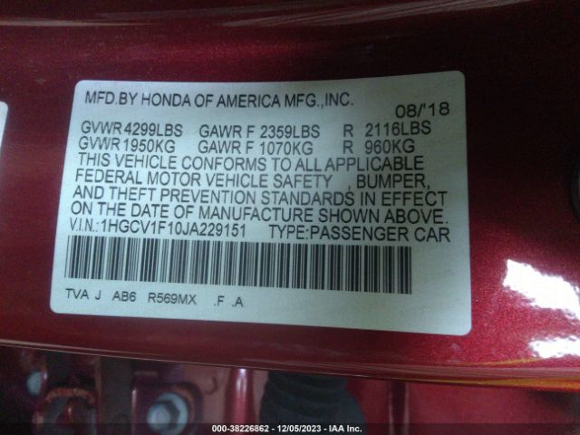 Photo 8 VIN: 1HGCV1F10JA229151 - HONDA ACCORD 