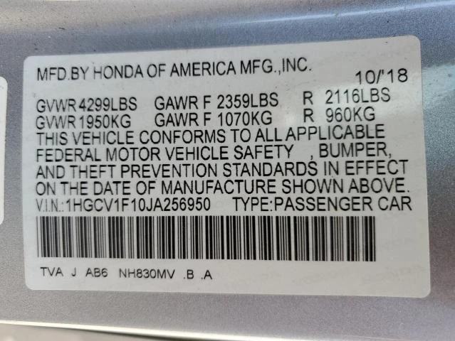 Photo 12 VIN: 1HGCV1F10JA256950 - HONDA ACCORD LX 