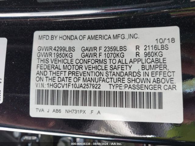 Photo 8 VIN: 1HGCV1F10JA257922 - HONDA ACCORD 