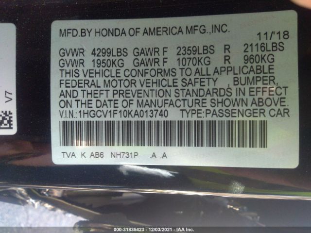 Photo 8 VIN: 1HGCV1F10KA013740 - HONDA ACCORD SEDAN 