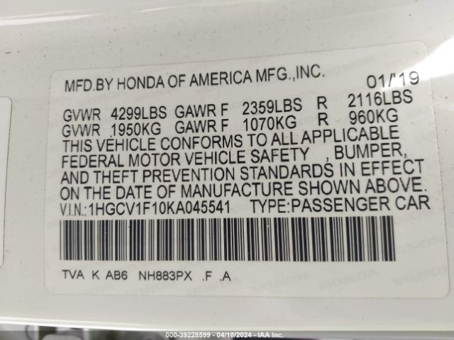 Photo 8 VIN: 1HGCV1F10KA045541 - HONDA ACCORD 