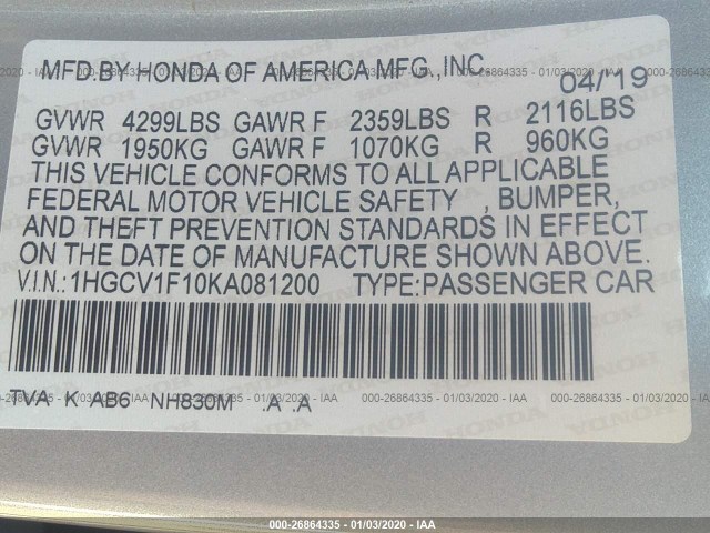 Photo 8 VIN: 1HGCV1F10KA081200 - HONDA ACCORD SEDAN 