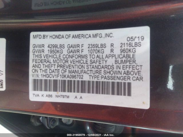 Photo 8 VIN: 1HGCV1F10KA096702 - HONDA ACCORD SEDAN 