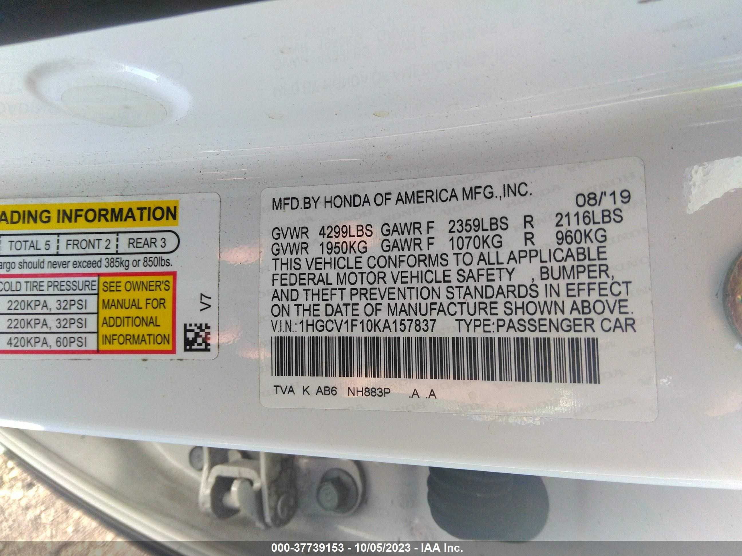 Photo 8 VIN: 1HGCV1F10KA157837 - HONDA ACCORD 